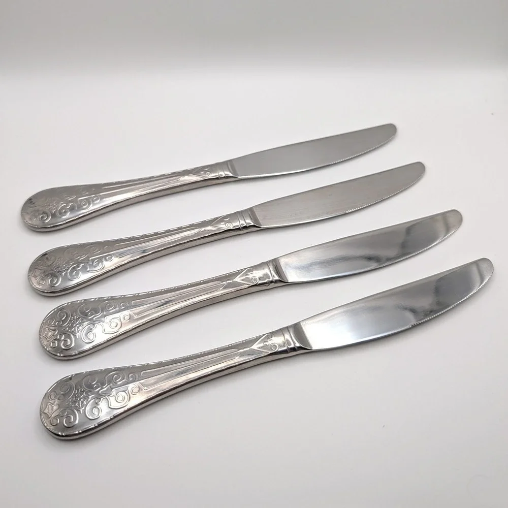 Calen Ornate Baroque Dinner Knives (4) Heavy Stainless Scroll Fleur de Lis 9